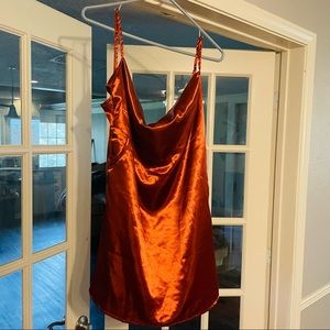 Rust color, satin cowl neck, cami dress